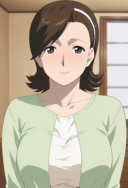 <lora:Youko_Serimiya-Musuko_no_Tomodachi_ni_Okasarete:0.9>,Youko,mature female,1girl,solo,brown hair,hairband,short hair,brown eyes,breasts,shirt,upper body,looking at viewer,indoors,smile