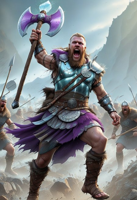 flu0rite, iridiscent, VALHERO viking warrior wearing armor holding a fluorite and running 
and yelling  mineral axe during the Battle of Ragnarok