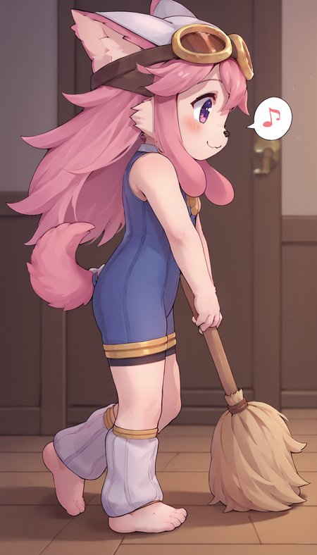 source_anime, score_8_up, score_7_up, chocolatsr, 1girl, (chibi, cutesy:1.2), cute, furry female, dog girl, pink fur, long hair, pink hair, dog tail, body fur, purple eyes, animal ears, animal nose, bodysuit, sleeveless, goggles on headwear, leg warmers, barefoot, smile, blush, speech bubble, musical note, from side, looking down, solo, holding broom, large broom, broomstick, two-handed, cleaning, sweeping, dust, motion lines, walking, indoors, wood floor, embedding:zPDXL2