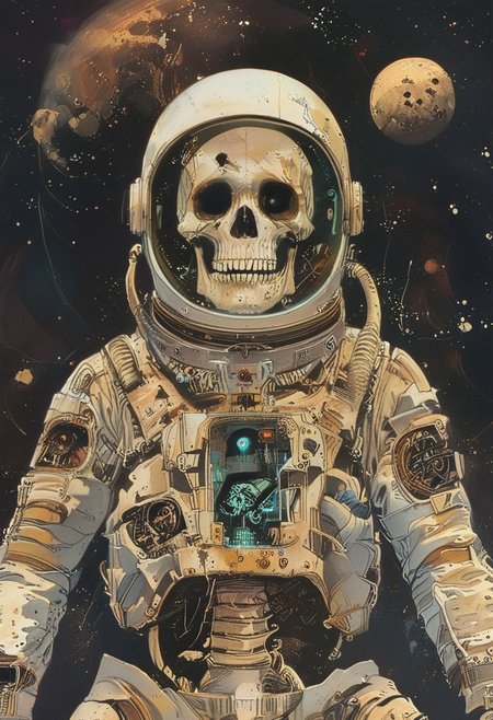 score_9,score_8_up,score_7_up, ((masterpiece,best quality)),absurdres, full body view, distant view, 3/4 view, John Harris Style page, style of Simon Bisley, Simone Martini Style, space_space, dead astronaut, skeleton in a space suit, torn rusty dirty white american space suit, cracked space suit helmet visor,skull in helmet, glass shards, floating through space, space stars galaxy background,