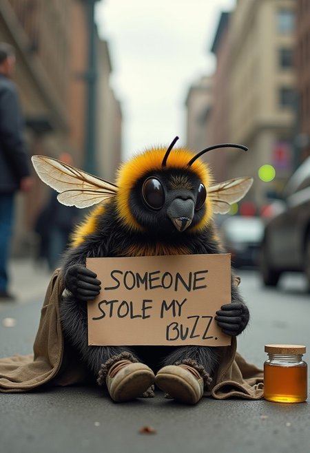 A high-resolution, realistic style image of a homeless bumble bee wearing tattered garments sitting on a city street holding a sign.  The sign reads, "Someone stole my buzz". There is a small jar on the ground filled with honey, The contrast between the bee's serene demeanor and the chaotic scene adds a humorous, surreal touch,