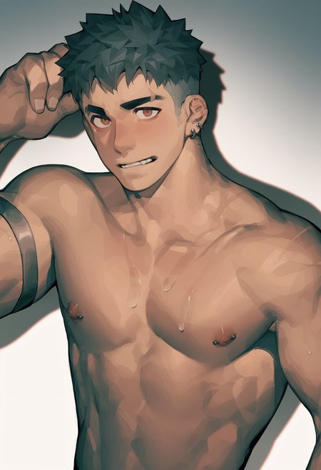 <lora:mingfeng-000008:1>,mingfeng,solo,1boy,male focus,nipples,piercing,pectorals,, score_9,score_8_up,score_7_up,source_anime,