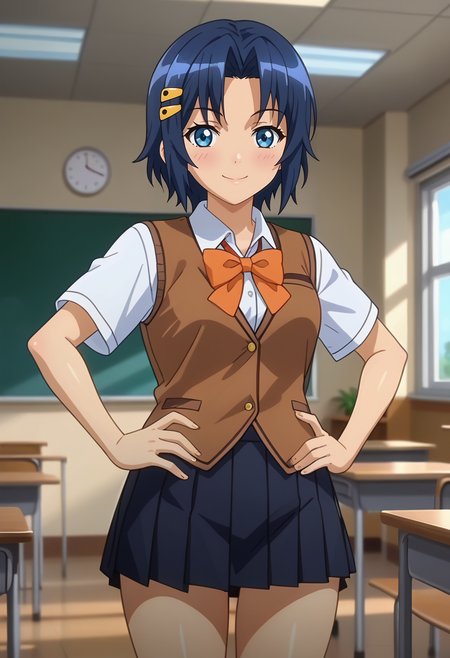 score_7_up, anime screencap,
<lora:RyouSeibai_MukuchiKuuXL:0.9>, MukuchiKuu,
1girl, solo, smile, blush,
short hair, blue hair, blue eyes, hairclip, 
school uniform, brown vest, white shirt, short sleeves, orange bowtie, pleated skirt, black skirt,
thigh gap, standing, looking at viewer, hands on own hips,
blurry background, indoors, classroom