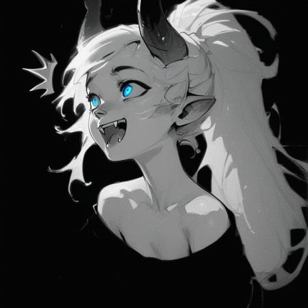 (Blend_in, black background), score_9, score_8_up, score_7_up, masterpiece, best quality, absurdres, vibrant, highly detailed, sketch, monochrome, greyscale, spot color, upper body, 1girl, Lynn Pink, blue eyes, ponytail, tail, horns, pointy ears, fangs, (((adult))), small breasts, simple black shirt, long sleeves, off shoulder, no bra, happy, (^^, :D:1.5)