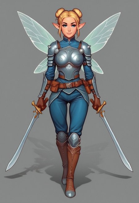 comic style, looking at viewer, highly detailed, source_comic_illustration, from front, 1girl TInkerbell, illustration, comic style, looking at viewer, highly detailed, source_comic_illustrationskinny, looking at viewer, 1girl Tinkerball, masterpiece, best quality, cowboy shot, girl, realistic drawing, anime, by Sam Yang, sharp highly detailed 2d illustration, comic art, (hyperrealism, soft light, sharp), (anime:0.5), full clothed
BREAK
1girl, solo, full body image of ((((tinkerbell)))), fairy wings, fairy, hair bun, blonde hair, single hair bun, pointy ears, long hair, blue eyes  <lora:Mandalorian Armour PONY:1> , armor, shoulder armor, full armor,  gloves, belt, boots
((full-clothed)), ((long big sword in hands, big berserk sword in hands)), ((dynamic pose))
BREAK 
((((fairy wood)))) score_9, score_8_up, score_7_up, score_6_up, source_cartoon, rating_explicit, Expressiveh, (((((full body))))), dynamic pose
