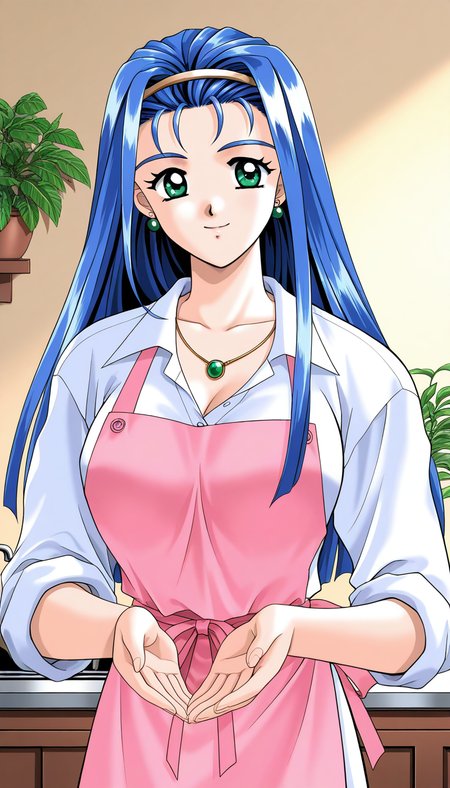general,highres, ultra-detailed,very aesthetic,best quality ,best hands,  BREAK <lora:Yamashita_Minatsu_IS:1>YamashitaMinatsu, 1girl,solo, blue hair, long hair, hairband, jewelry, green eyes, earrings, large breasts, 1990s (style), 
1girl, solo, apron, smile, shirt, white shirt,  looking at viewer, blue eyes, sleeves rolled up, necklace, upper body