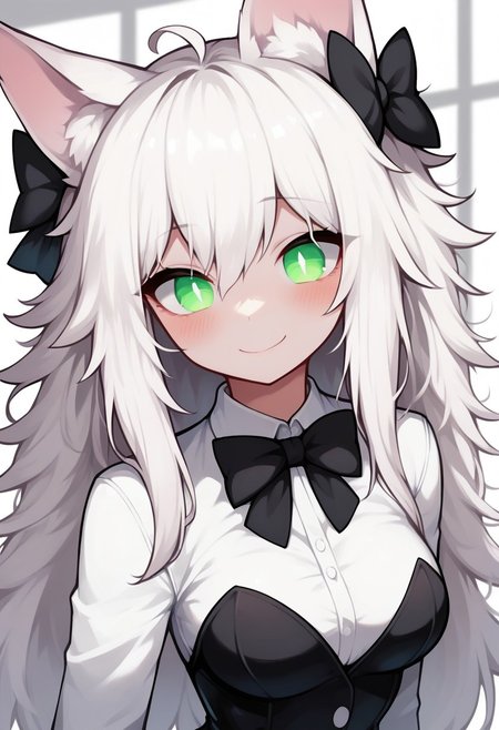 score_8_up, score_7_up, score_6_up, score_5_up, 1girl, white skin, white fur, white hair, long hair, black tuxedo, formal, corsage, black bow tie, close up, animal ears, green eyes, slip pupils, monster girl, closed mouth, blush, smile, indoors, solo, messy hair, sfw, c4toony style, dynamic angle, dynamic pose, upper body