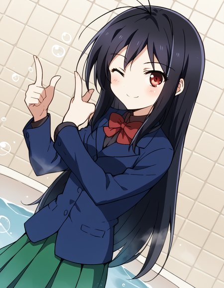 score_9, score_8_up, score_7_up, source_anime, <lora:accelworld-kuroyukihime-s1-ponyxl-lora-nochekaiser:1>, kuroyukihime, long hair, black hair, red eyes, antenna hair,, skirt, bow, brown eyes, school uniform, jacket, blazer, red bowtie, blue blazer, green skirt, pleated skirt, bathtub, water, bubbles, steam, towel, smile, <lora:double-finger-gun-ponyxl-lora-nochekaiser:1>, double finger gun,, blush, smile, one eye closed, from side, looking at viewer, solo,, dutch angle, cowboy shot