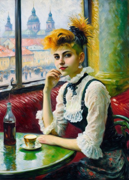 podkowinski year 2020, beautiful punk girl in a cafe, in the background people at tables and a view of the city
<lora:podkowinski:0.9>