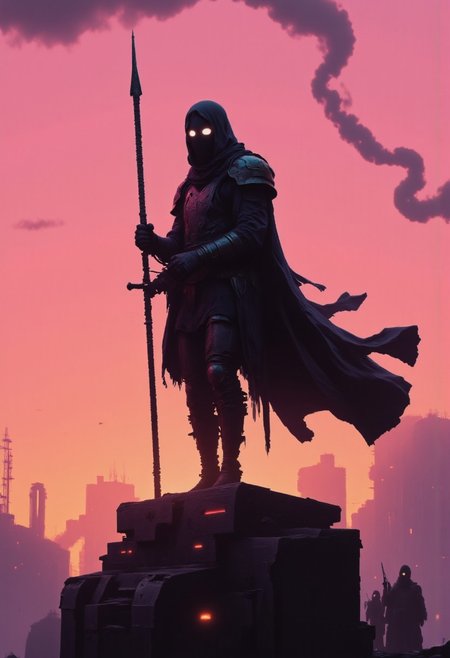 A digital painting in the style of ck-js,, neon-mist, dysujo, a Walking Shadow of death - a armored futuristic soldier wearing a billowing torn cape, and a reinforced cloak, heavy armored pauldron, hyperdetailed dark fantasy Art, digital painting, atmospheric lighting, moody pink and orange sundawn, billowing clouds, intricate closeup, detailed armor, reflecting old metal, worn,