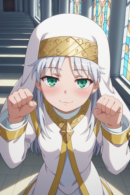 score_9, score_8_up, score_7_up, source_anime, 1girl, prefect lighting, very aesthetic, intricate details, highly detailed background, masterpiece, high quality, prefect hands, best quality, solo,
<lora:Index_Librorum_Prohibitorum_A_Certain_Magical_Index_V1:.85>, KJOindex, white hair, green eyes, 
nun, nun headdress, gold trim, safety pins,
From above, :3, heavy blush, paw pose, smug, looking at viewer, cat face,
church, white pillars, giant window, 
(Beautiful, small Breasts:1.2), natural breasts,