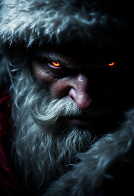 A Santa Claus in a dramatic, chiaroscuro-style close-up portrait, his expression is evil and mysterious, his eyes seeming to hold untold secrets. Deep shadows obscure his face. His crimson hatâs fur trim is faintly visible against the darkness.