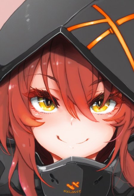 REVAN_STL, hi res, masterpiece, best quality, highres, yellow eyes, smile, long hair, looking at viewer, 1girl, hair between eyes, simple background, closed mouth, portrait
