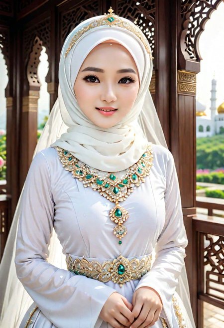 a asian woman posing a picture of wedding wearing wedding set and white hijab, have queen attire, wedding decoration scene, wrong, BadDream, hijabdress, krface1