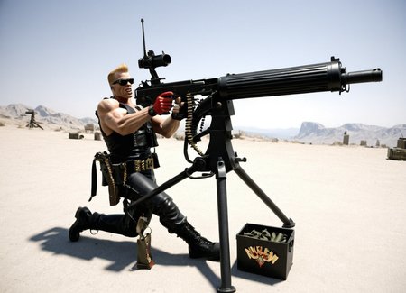 Duke Nukem aiming a vkrsmmg medium machine gun weapon, scenic, decorations,
 <lora:Vickers_Medium_Machine_Gun_SDXL:0.8>