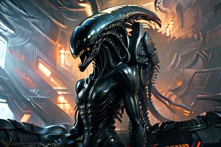 (otherworldly), highly insanely detailed, masterpiece, top quality, best quality, highres, 4k, 8k, RAW photo, (very aesthetic, beautiful and aesthetic),  
xenomorph,alien \(series\),1other,xenomorphdna,FemXeno,xenomilf,nested mouths,multiple mouths,extra mouth,fangs,teeth,sharp teeth,fang,claws,tail,spiked tail,spines,proto-xenomorph,pauldrons,shoulder spikes,spikes,armored skin,eating,capsule,science fiction, 
<lora:FemXeno:1>, 
(1girl:1.3), eyes focus, 
an expansive gaming convention, with spacious halls, sleek booths, cutting-edge technology, vibrant ambiance,(pure red background,transparent background:1.2),âââ
