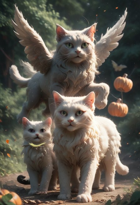PonyXLV6_Scores, score_9, score_8_up, score_7_up, masterpiece, 2 kittens, playing, hollowed out pumpkin, head poking out of pumpkin, 2 cats, gray cats, cat eyes, AP, mythical beast, white cat, falling leaves, bats flying