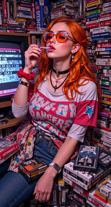 Candid, portrait shot of a photorealistic woman surrounded by piles of VHS tapes, blowing glitter off her hand while leaning on a CRT TV playing static. She's wearing an off-shoulder Power Rangers tee, beaded choker, and sparkly star-shaped sunglasses. Her hair is half-up, scrunchie-held, bright orange ombré.

real skin, photorealistic texture, cozy retro chaos, pastel-meets-neon, analog fantasy, pop culture overload, nostalgic queen of clutter













fmlas-mk.1, mythp0rt,
