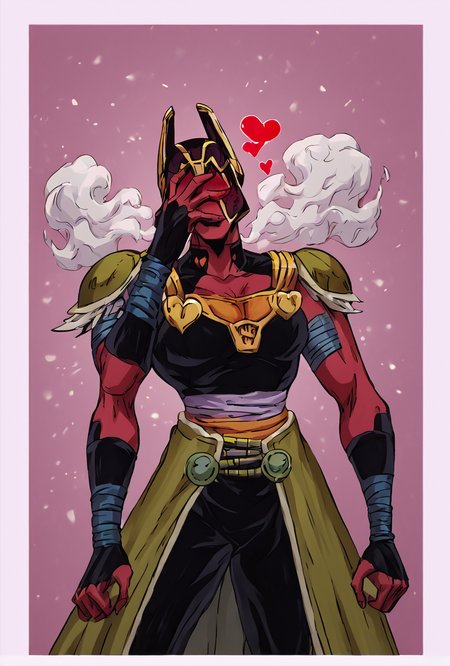 score_9, score_8_up, score_7_up,,  good quality ,, character focus, solo, , best quality ,    <lora:looma-09:1.1>  looma, solo, red skin, armor, 1girl, bandages, shoulder armor, helmet, horns,   white borders, simple background, pink background, blushing, abstract background, hearts, steam,  <lora:Expressive_H:1> Expressiveh   <lora:Jojo:1> <lora:jonathan-joestar-pose-ponyxl-lora-nochekaiser:1> jonathan joestar pose, jonathan joestar's pose (jojo), jojo pose, covering face