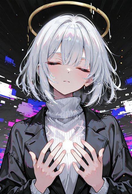 d_up, 1girl, black hair, short hair, closed eyes, white hair, multicolored hair, medium hair, shirt, turtleneck, sweater, long sleeves, turtleneck sweater, jacket, glitch, upper body, abstract background, white shirt, halo