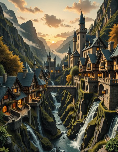 A breathtaking medieval fantasy city nestled in a lush valley, surrounded by towering mountains and dense forests. A grand castle with multiple towers and turrets stands atop a hill, overlooking the town below. The city consists of charming half-timbered houses with glowing windows, perched on rocky cliffs and connected by stone bridges over cascading waterfalls. The river flows through the village, reflecting the warm golden lights of lanterns and torches. Ivy and moss grow over the stone walls, adding to the enchanted, ancient atmosphere. The background features misty mountains with additional fortresses and watchtowers, partially hidden by low-hanging clouds. The sky is illuminated by a soft, warm sunset, casting a golden glow on the scenery, creating a perfect blend of realism and fantasy. Highly detailed, cinematic, and immersive, with a magical, fairy-tale ambiance.
<lora:SDXLFaeTastic2400:0.4> <lora:extremely_detailed:0.4> extremely detailed, ,medieval f4nt4sy c1ty <lora:medieval_f4nt4sy_c1ty-i:1>, Masterpiece,best quality,hi res,8k,hi res,8k,award winning,(sharp focus, intricate, highly detailed),