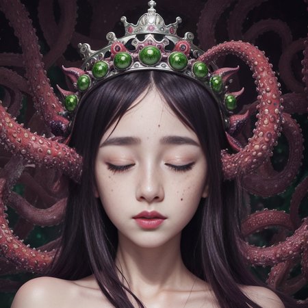 japanese line art  , High detail, high definition, and highly detailed masterpiece. Double exposure of ( 1 young girl eyes closed with black freckles all over her body, crown made of eyes)  and (purple red and green tentacles). Mystical, luminist atmosphere. In the style of takato yamamoto,  red full moon on background , <lora:takma2:1.2>