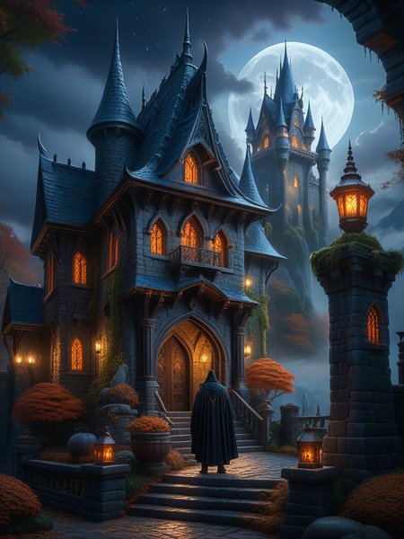<lora:SS02ImpressionisticPainting_Hap_XL:1>,Thomas Kinkade style, A dark and eerie castle with high towers and spooky surroundings. Raju stands bravely at the entrance, ready to face the witch., Miki Asai Macro photography, close-up, hyper detailed, trending on artstation, sharp focus, studio photo, intricate details, highly detailed, by greg rutkowski