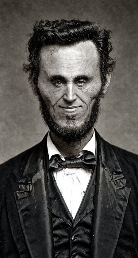 black and white vintage smallfaced black and white (daguerreotype:1.5) portrait of abraham lincoln with a (tiny face:1.2)