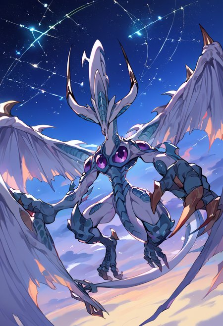 score_9,score_8_up,score_7_up,source_anime,zPDXL3,space,night,night sky,star (sky),sky,starry sky,galaxy,constellation,flying, 
*//*,<lora:StardustDragon_Pony:1>,stardustdragon_ygo,no humans,solo,duel monster,dragon,wings,tail,claws,horns,
*//*,looking at viewer,cowboy shot,dutch angle,