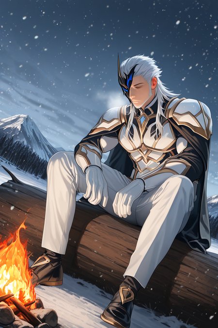 realistic shading, dark environment, dim lighting, expressive face, looking down, pierrogi, white_pierrogi_facial hair, white_pierrogi_long hair, black-blue-gold_pierrogi_one eye mask, closed eyes, manly, 1boy, furrowed brows, serious, full body, sitting on log, white armor, shirt, white gloves, white pants, black cape, black footwear, dark cold outdoors, mountain ranges, campfire, fire, snowing, winter, dutch angle, dynamic angle, depth of field, atmospheric perspective, intricately detailed illustration, masterpiece, best quality, amazing quality, very aesthetic, absurdres, newest