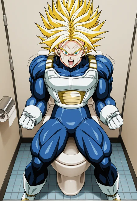 bathroom stall, (toilet:1.1), sitting, 1990s \(style\), SSGTFutureTrunks, 1boy, spiked hair, yellow hair, super saiyan, blue eyes, saiyan armor, blue bodysuit, white gloves, boots, two tone footwear, white footwear, muscular, massive muscles, very muscular, solo, shouting, clenched hands, shouting, screaming, muscles growing, muscles bulging, motion lines, looking at viewer, arms at sides, fighting stance, cowboy shot, teeth, vein on forehead,
<lora:Super_Saiyan_Third_Grade_Future_Trunks_-Illustrious-000005:1>, masterpiece,best quality,amazing quality,