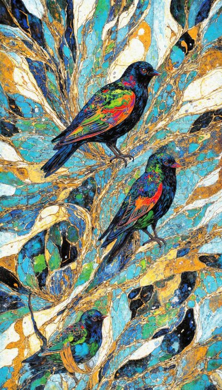 FFAIM,gold dust,DB4RZ style painting,golden cracks on white,mad-glwnggltch,horizontal brush stroke pattern,klimt, dyad color in fine details, A stylistically vibrant depiction of three red-winged blackbirds nestled amongst a network of branches with verdant and gold foliage. Employ a limited color palette with a focus on cerulean and chartreuse, accented by the crimson epaulets of the birds. The composition should be highly stylized, bordering on the abstract, with flattened forms and bold outlines. The birds should be rendered in profile, their forms simplified yet retaining a sense of life and movement. The background should be a tapestry of overlapping leaf and branch silhouettes in varying shades of blue-gray, evocative of a dappled forest canopy. Utilize a flattened perspective, eschewing traditional notions of depth for a more graphic approach. The overall effect should be one of stylized naturalism, capturing the essence of the birds and their environment in a visually arresting manner. Infuse the image with a sense of tranquil observation, inviting the viewer to contemplate the delicate beauty of the natural world.
