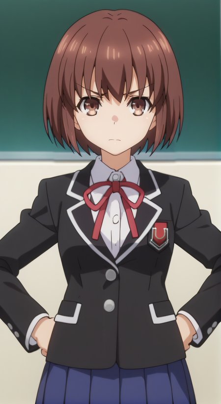 score_9, score_8_up, score_7_up, source_anime, rating_safe, intricate details, anime screencap, official style, anime coloring, 1girl, solo, <lora:Hazakura_Mai:1>, hazakuramai, brown hair, brown eyes, school uniform, white shirt, black blazer, pleated skirt, blue skirt, thighs, looking at viewer, indoor, cowboy shot, bend over, hands on hips, annoyed