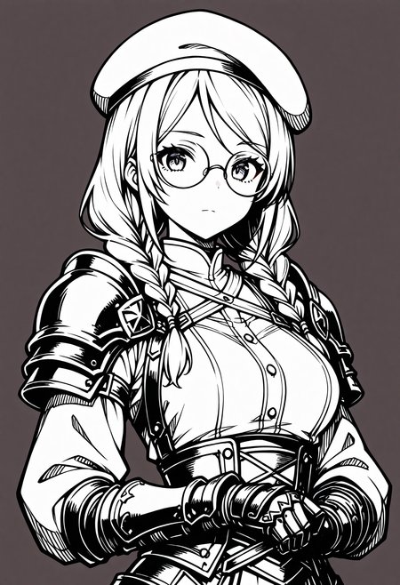 traditional art, line art,
 <lora:FelminaIL:1>, solo,felminakumodesu, twin braids, hair on shoulder,
round glasses, beret, gauntlets, shoulder armor, shirt, long sleeves, 
looking at viewer, dark fantasy, high quality eyes,
masterpiece,best quality,amazing quality,