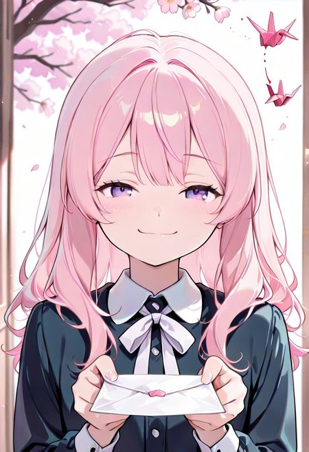 CivChan, purple eyes, pink hair, 1girl, holding letter, blush, slight smile, looking at viewer, [romantic atmosphere], school uniform, white ribbon, long hair, windy hair, cherry blossoms, soft lighting, pastel colors, detailed eyes, warm glow, [love confession|hidden message], paper crane, ink splatter, faint heart sparkles, [highres], [depth of field]