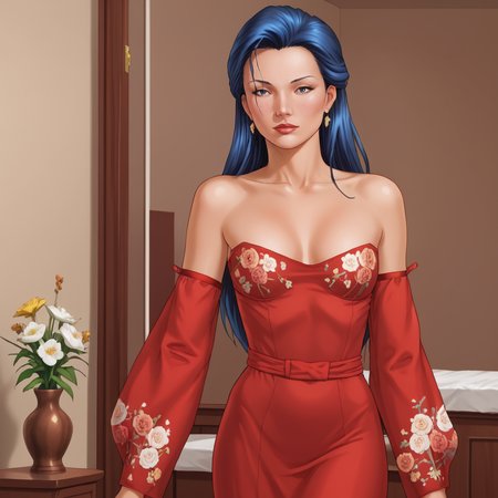 <lora:Shi_pony_v1:.75> Shi, 1girl, long hair,  retro artstyle, blue hair, 1990s (style), 1980s (style), cowboy shot,  <lora:1007 Chinese wedding dress_v1_pony:1> ruanyi1007,bare shoulders,detached sleeves,red dress,floral print,strapless dress,