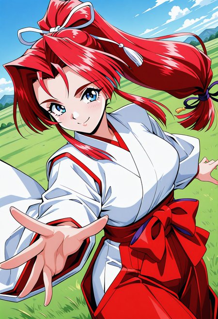 yokoyama_megumi, blue eyes, red hair, long hair, ponytail, low-tied long hair, hair ribbon, japanese clothes, red hakama, miko, <lora:Graduation_yokoyama_megumi_illustrious_ver1:0.8> 
smile,, masterpiece, best quality, sensitive,, 1girl, solo, blue sky, (grasslands:1.2), looking at viewer,, (cowboy shot, dynamic pose:1.4),