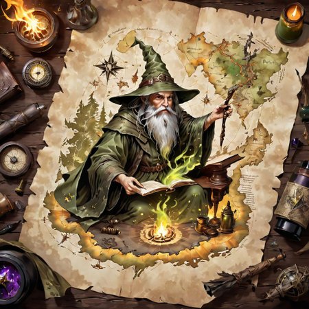 old book style ink illustration, on parchment on a map sitting on a wizard on desk, ((wizard's camo is olive drab)), ink splashes, ink stains, ink smears, faded ink, magical spell, paintless,