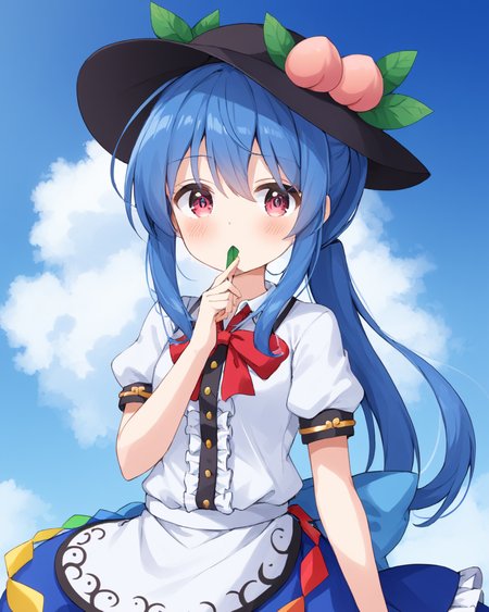 hinanawi tenshi,1girl, solo, white_shirt, hat_removed, black_headwear, puffy_short_sleeves, blue_skirt, collared_shirt, peach, ponytail, looking_at_viewer, leaf, hair_tie_in_mouth, blush, center_frills, cowboy_shot, buttons, holding_hat, rainbow_order
<lora:hinanawi_tenshi_image10043_2023-12-20:1>,star-shaped_pupils,symbol-shaped_pupils,. gorgeous,key visual, vibrant, studio anime,award-winning, professional, highly detailed,high budget, cinemascope