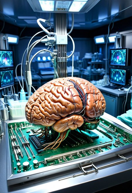 Human brain, made of circuitry. On a surgical tray, ready for transplant. qu4ntum. Chrome, metallic, Anatomy. Hospital background. Harsh fluorescent lighting. Clinical. Surgery. Bokeh. Depth of focus. Sharp focus. 4K. 8K. HDR. Postprocessed. Volumetric lighting, epiCPhoto, EnhanceImage, precise and intricate detail, wire and enamel, silicon, fibre optics, noir aesthetic