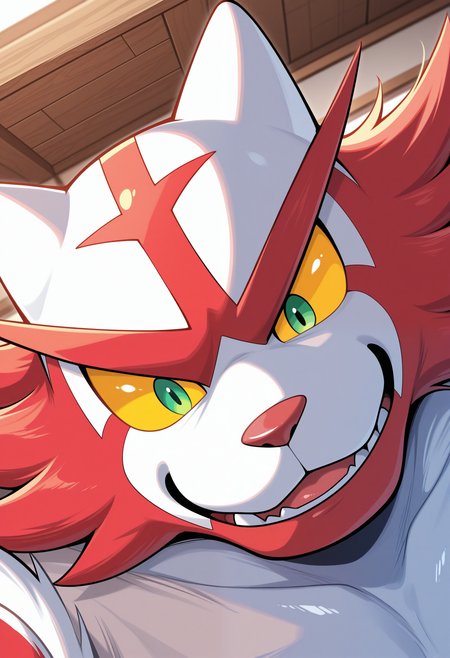 masterpiece,best quality, amazing quality, 1boy, solo, shiny_1nc1n, pokemon (creature), red fur, colored sclera, green eyes, white fur, striped fur, close up, excited, side angle,

indoors,