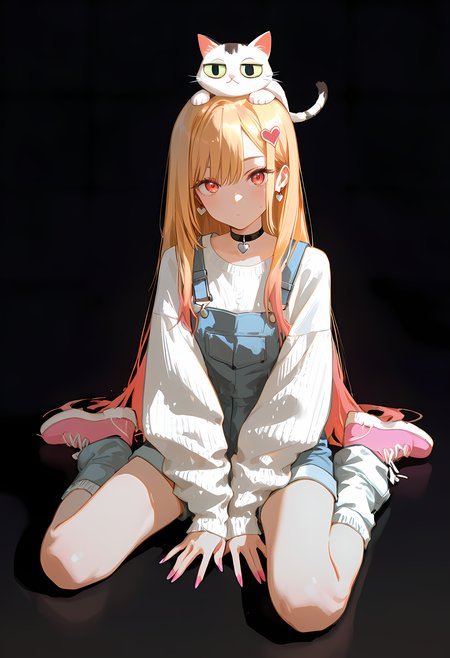 masterpiece, best quality, amazing quality, black to gray gradient, dark background, shadow, 
1girl, solo, looking at viewer, blush, closed mouth, sitting, full body, wariza, crescent, between legs, hand between legs, detailed eyes, aesthetic eyes, eyes,
kitagawa marin, long hair, blonde hair, red beautiful eyes, long sleeves, hair ornament, very long hair, pink nails,
shirt, earrings, shoes, jewelry, heart, choker, socks, puffy sleeves, heart hair ornament, on head, overalls, heart earrings, heart choker, dot mouth, heart o-ring,  overall shorts, heart collar, overall skirt, white bow, white shirt, pink footwear, white sweater, jeans jumpsuit, 
animal, 2cats, two cats, animal on head, cat on head
 <lora:NOOB_vp1_detailer_by_volnovik_v1:0.3>  <lora:96YOTTEA-WAI:0.5>  <lora:illustriousXLv11_stabilizer_v1.113:0.3>  <lora:Marin_Kitagawa_My_Dress-Up_Darling_-_Illustrious:0.2>   <lora:DetailedEyes_V3:1.5>