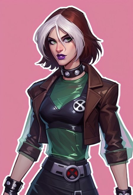 score_9, score_8_up, score_7_up, score_6_up, {Rogue, marvel}, 1girl, pale skin, lilac lips, lilac makeup, short brown hair with white bangs, EVOrogue, black sports bra, studded collar, green mesh top (covered chest), green transparent blouse, long sleeves, gray eyes, black leather skirt, gray tights, big black boots, studded bracelets, leather gloves, brown bomber jacket, fur trim, hood,
casual clothes, goth outfit, 
detailed face, pretty face, outline, cel-shading, sketch,