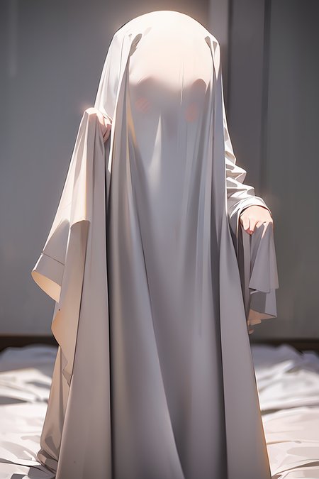 (masterpiece, best quality), 1girl,    <lora:ghost_costume_faceless:1> faceless, ghost_costume