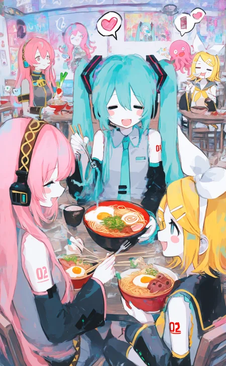 masterpiece, best quality, good quality, very awa, newest, highres, absurdres, hatsune miku, kagamine rin, megurine luka, takoluka, long hair, smile, open mouth, short hair, shirt, blonde hair, multiple girls, hair ornament, holding, bow, bare shoulders, very long hair, sitting, twintails, closed eyes, pink hair, heart, hair bow, food, necktie, detached sleeves, sleeveless, hairclip, speech bubble, sleeveless shirt, tattoo, aqua hair, 4girls, headphones, blush stickers, chair, eating, table, white bow, ^^^, grey shirt, spoken heart, bowl, = =, tentacle hair, black sleeves, chopsticks, fork, shoulder tattoo, holding chopsticks, aqua necktie, egg, holding fork, noodles, poster \(object\), spring onion, holding bowl, octopus, number tattoo, banner, ramen, restaurant, egg \(food\), fried egg, CHOo1NE_illu, mixed media, digital painting,colorful <lora:noobai_ep11_stabilizer_v0.138_fp16:0.3> <lora:XXX667:0.5> <lora:lpc_v10:0.4> <lora:CHOo_illu:1> <lora:Mika_Pikazo_illustriousXL:0.7>