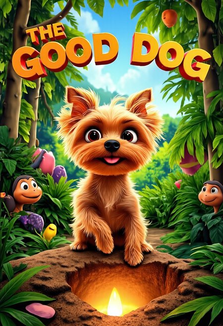 The image shows a vibrant, animated movie poster inspired by the whimsical style of a Pixar film, with a charming Yorkshire Terrier named Allab taking center stage. Allab, with her soft, golden fur and twinkling, expressive eyes, is depicted in a playful stance, ready to strike a pose. Instead of barking, she's wearing a mischievous grin, with her tiny, pink tongue peeking out. Behind her, a lush, verdant jungle unfurls, teeming with life - colorful birds, curious monkeys, and even a friendly, winking frog peeking from behind a giant leaf. The title, "The Good Dog," is written in bold, playful letters, reminiscent of Pixar's iconic typography, arching over Allab like a rainbow, with each letter subtly animated, as if wagging with life. Below, a warm, inviting glow emanates from a cozy, earthen burrow, hinting at the heartwarming adventures and lessons Allab, our unlikely hero, is about to embark on.