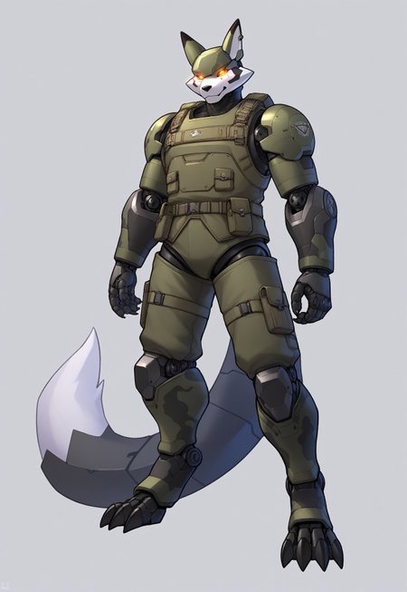  tactical harness, score_9, score_8_up, score_7_up, score_6_up, score_5,, digitigrade, full body shot, tail, fox robot, joints, ,robotskin,, robot skin, robot joints, robotic tail, )anthro, furry,High resolution, High quality, Ultra-detailed, ,, male focus,,     (camo onyx robot fox  furry)  digimon, ,  tactical belt,  , (military:1),), black mecha armor,glowing eyes,<lora:srd_v2_7_7_m1_D256:0.7>,  powerful robotic war machine, digitigrade, full body shot, tail, 