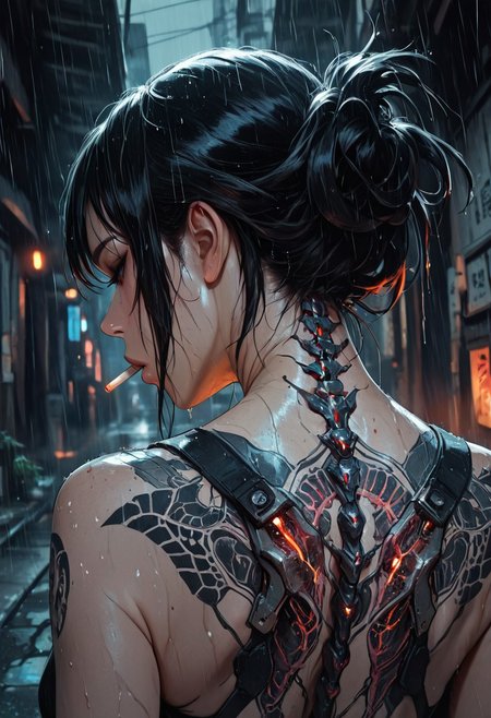 highres, very detailed, amazing quality, masterpiece,
very aesthetic,
particle effect, Cinematic, 
1girl, solo, Black hair, hair up, beautiful, exposed shoulders, exposed back, bionic spine, smoking, cigarette, strong face, angled face,  
Back tattoo, Dragon back tattoo, 
Raining, ancient Japanese street, 
Close up, 
From behind, View from behind,