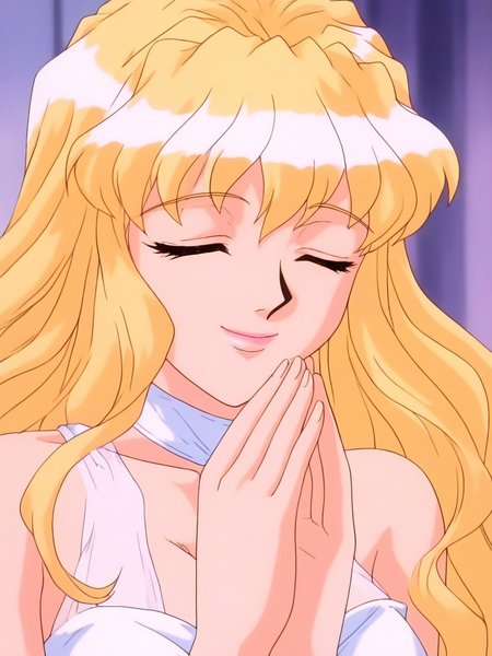 general,highres, ultra-detailed,very aesthetic,best quality ,best hands, BREAK <lora:Sayless_YU-NO_OVA_IS:1>
Sayless(OVA), 1girl, solo, blonde hair, long hair, green eyes, bangs, large breasts, 
closed eyes, portrait, close-up, smile, lips, closed mouth,
white dress, bare shoulders,
smile,