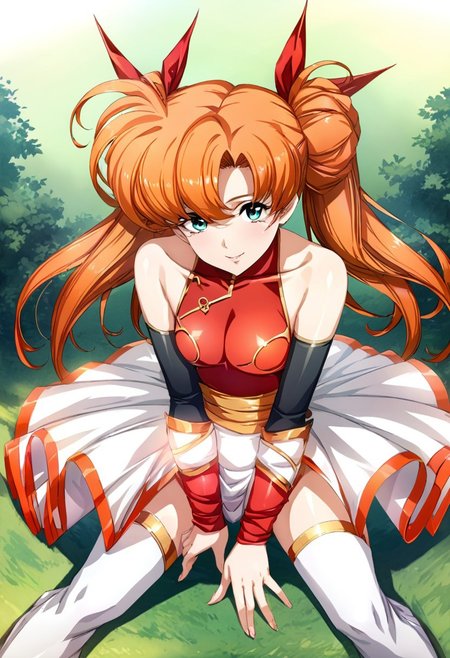 masterpiece,best quality,very aesthetic,absurdres,fantasy,solo,1girl,
<lora:tiaris_v1:1>,tiaris,t_clothes,wand,shiny hair,aqua eyes,red leotard,orange hair,detached sleeves,white mini skirt,white footwear,<lora:Fixhands_anime_bdsqlsz_V1:1>
 ,,looking_at_viewer,dynamic_angle,kind_smile,sitting_on_rock,lawn,flower,large tree,shadow,head_tilt,from_above,pov, (((feminine bodies))),(((perfect anatomy))), (((correct arms))), (((correct hands)))
,masterpiece,best quality, very aesthetic, absurdres, ultra detailed, high resolution, 4k, extremely detailed CG,
